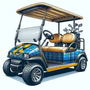 Plaid-Patterned Four-Passenger Rear-Facing Golf Cart | Blue & Yellow Design