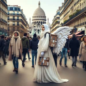 Diverse Paris Street Scene with Female Middle-Eastern Angel