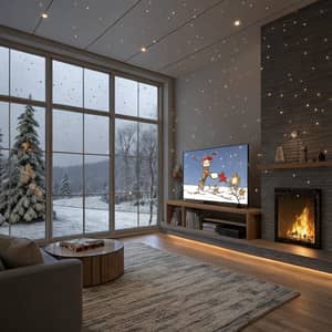 Cozy Living Room with Snowy Views