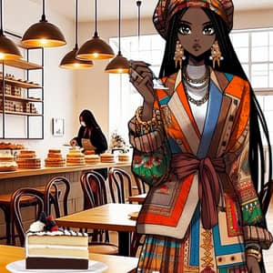 Chic Manga Style Black Girl Enjoying Cake in Cozy Cafe