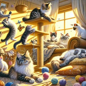 Cat Breeds Enjoying Various Activities in Sunlit Room