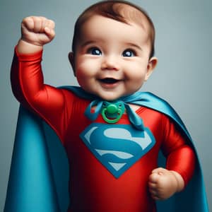 Infantile Superhero in Vibrant Red Spandex Suit with Sky-Blue Cape