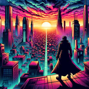 Cyberpunk Cityscape at Twilight | Neon Hues and Trench Coat Shadow