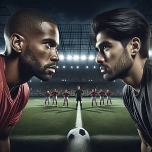 Intense Soccer Players Face-Off in Grand Stadium Scene