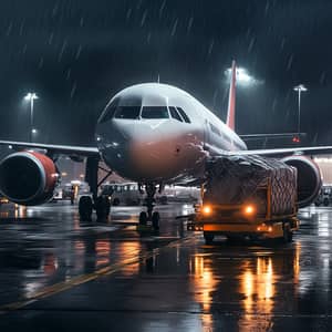 Baggage Cart and Jet: Rainy Tarmac Scene