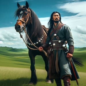 Mongolian Hero in Traditional Attire with Majestic Horse on Steppes