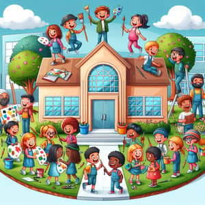 Cartoon Illustration of School-Community Partnership