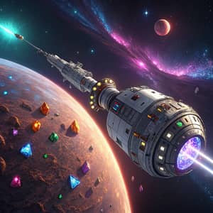 Spaceship with Drill Mining Colorful Gems