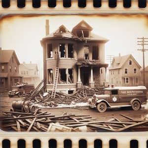 Ruins of Two-Story Brick House in 1920s American Town