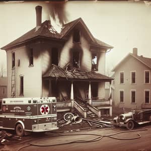 1920s Small Town Brick House Fire Ambulance Fire Truck Scene