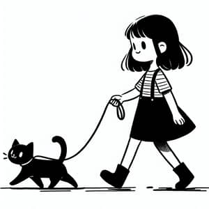 Young Girl Walking Black Cat - Simple Illustration