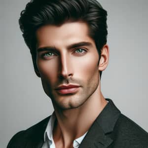 Tall, Handsome Caucasian Man with Striking Green Eyes and Jet Black Hair