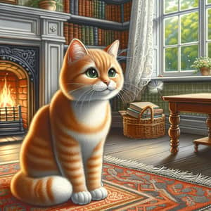 Radiant Ginger Cat on Woven Rug | Tranquil Living Room Scene