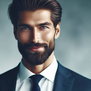 Captivating Caucasian Man in Navy-Blue Tailored Suit