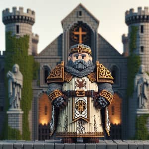 Pixelated Male Dwarf Cleric in Ancient Stone Castle