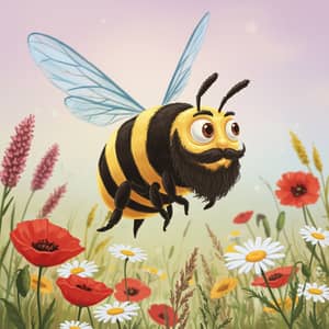 Funny Cartoon Bee with Goatee in Wildflowers