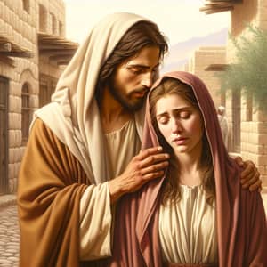 Religious Figure Offering Comfort to Mary Magdalene in Historical Middle-Eastern Setting