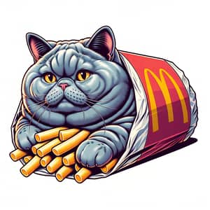 Adorable Grey Chartreux Cat in McDonald's Wrap Illustration