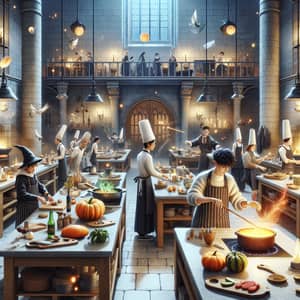 Wizard Culinary School: Enchanting Kitchen Scene with Magical Cooking