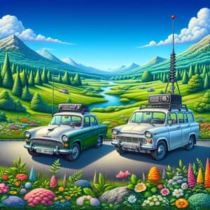 CB Radio Antenna Car in Scenic Meadow Landscape