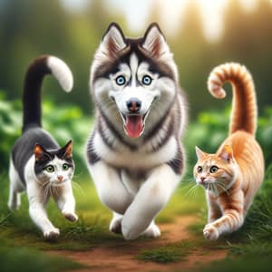 Husky Dog Playing with Two Cats: A Joyful Scene