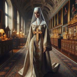 Caucasian Nun in Traditional Apparel in Luxurious Setting