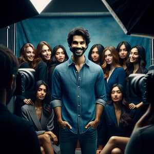 Diverse Women Gathering Around Smiling Indian Man in Studio Setting