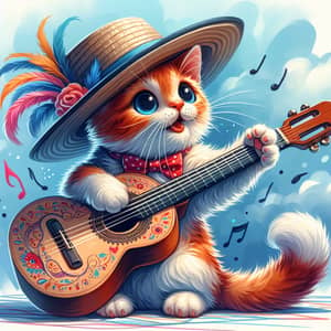 Whimsical Cat with Hat and Guitar | Musical-Inspired Digital Painting