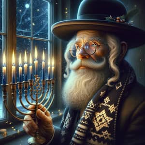 Elderly Jewish Man Portrait with Menorah in 4K Resolution