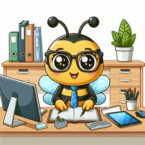 Cute Bee Mascot with Computer and Notebook