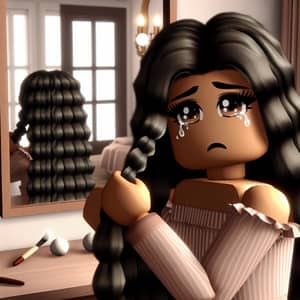 Roblox Style South Asian Woman Braiding Hair and Crying