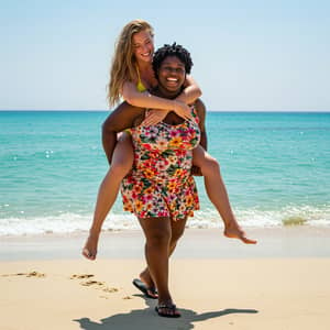 Joyful Moment: Black Woman Carries Blonde on Shore