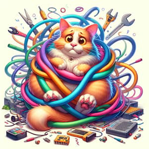 Playful Cat Tangled in Colorful Wires