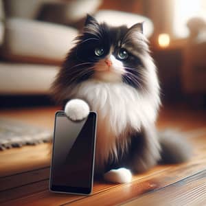 Adorable Long-Haired Tuxedo Cat with Smartphone