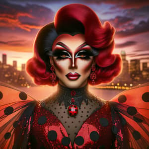 Drag-Inspired Ladybug Character with Dramatic Red and Black Dress