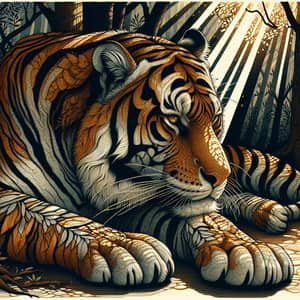 Profoundly Sad Tiger in Tranquil Forest | Majestic Orange and Black Stripes