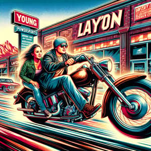 Dynamic Retro Graffiti Artwork: American Man & Woman Riding Motorcycle in Layton