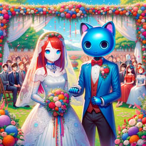 Blue Robotic Cat Marries Red-Haired Girl at Beautiful Wedding Ceremony