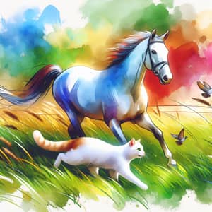 Whimsical Cat and Horse Play in Vibrant Meadow Art