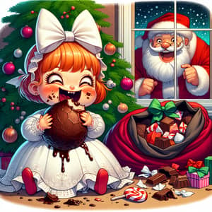 Cartoon Illustration: Girl Eating Enormous Chocolate Candy Under Evergreen Tree