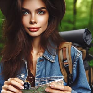 Adventurous Woman Portrait in Lush Green Forest