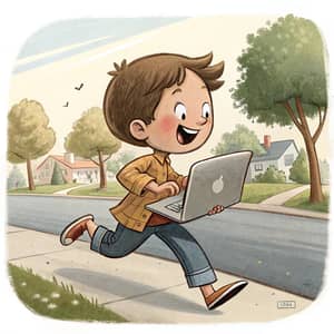 Small Boy Running with Laptop - A Joyful Journey