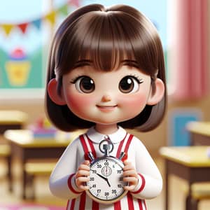 Young Girl Character with Stopwatch in School Smock | Kinder Classroom Theme