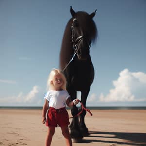 Blonde Girl with Black Horse on Sunny Beach