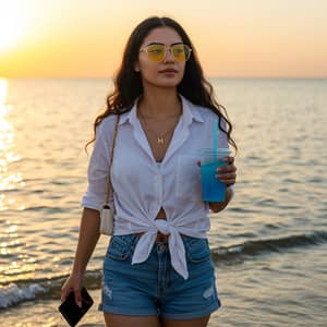 Beautiful Young Woman Enjoying a Sunset on the Beach