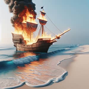 Photorealistic Pirate Ship Ablaze on White Sand Beach