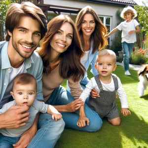 Family Fun in a Sunny Garden with Playful Dog