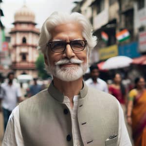 Public Figure in Traditional Indian Attire on Busy Street