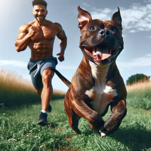 Charming Pitbull and Muscular Man Enjoying Playtime in Field