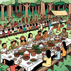 Bayanihan Forest Gathering: Cartoon People Eating & Laughing